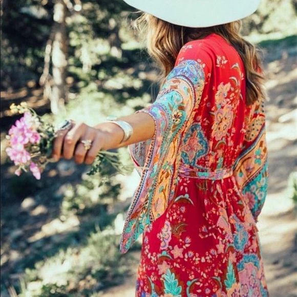Bohemian Red Floral Gypsy Kimono Long Maxi Dress - Picture 3 of 16
